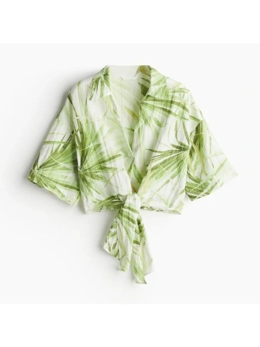 H&M Small White & Green Tropical Leaf Blouse Tie Front Beach Lightweight Summer